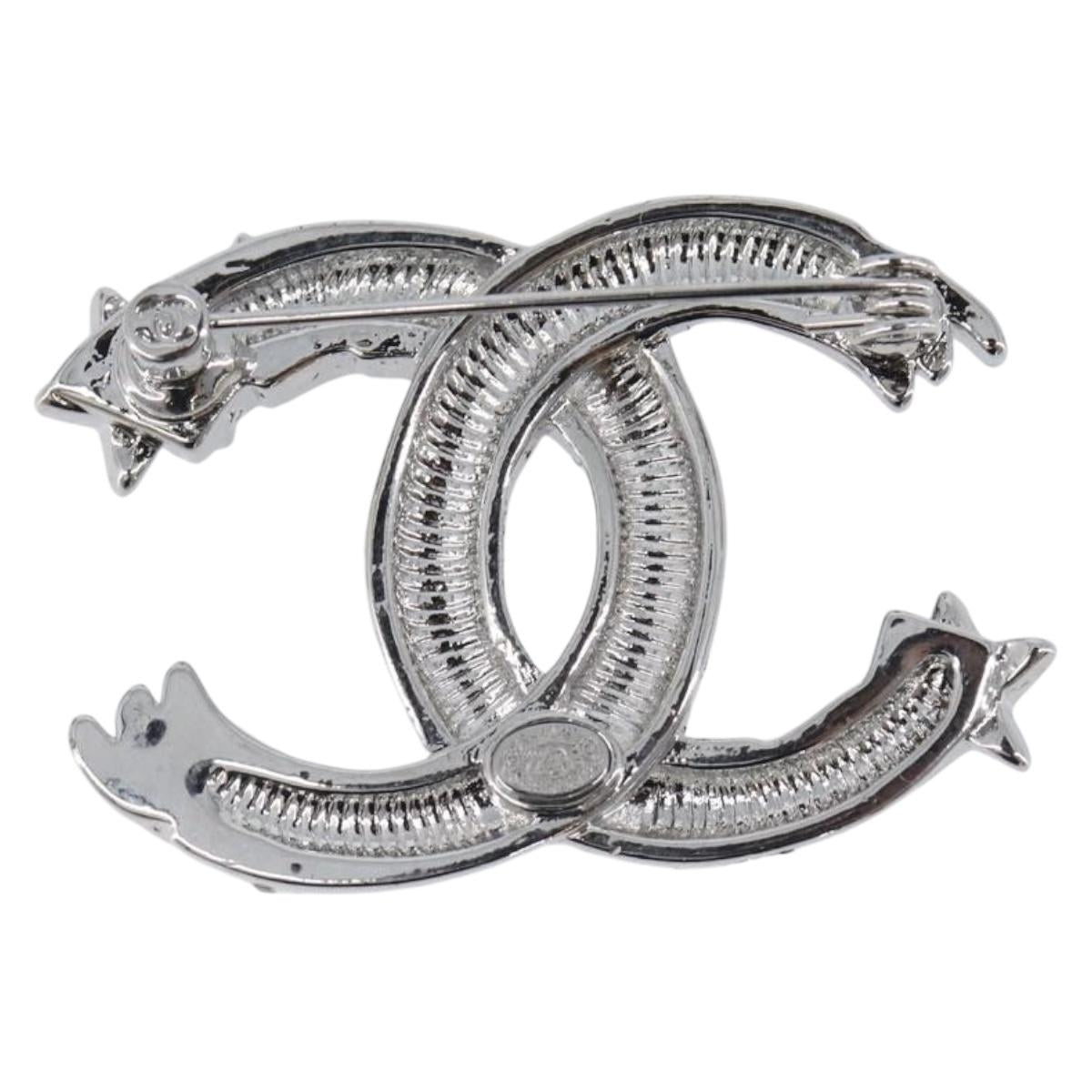CHANEL Brooch Metal Silver CC Auth ki6897M