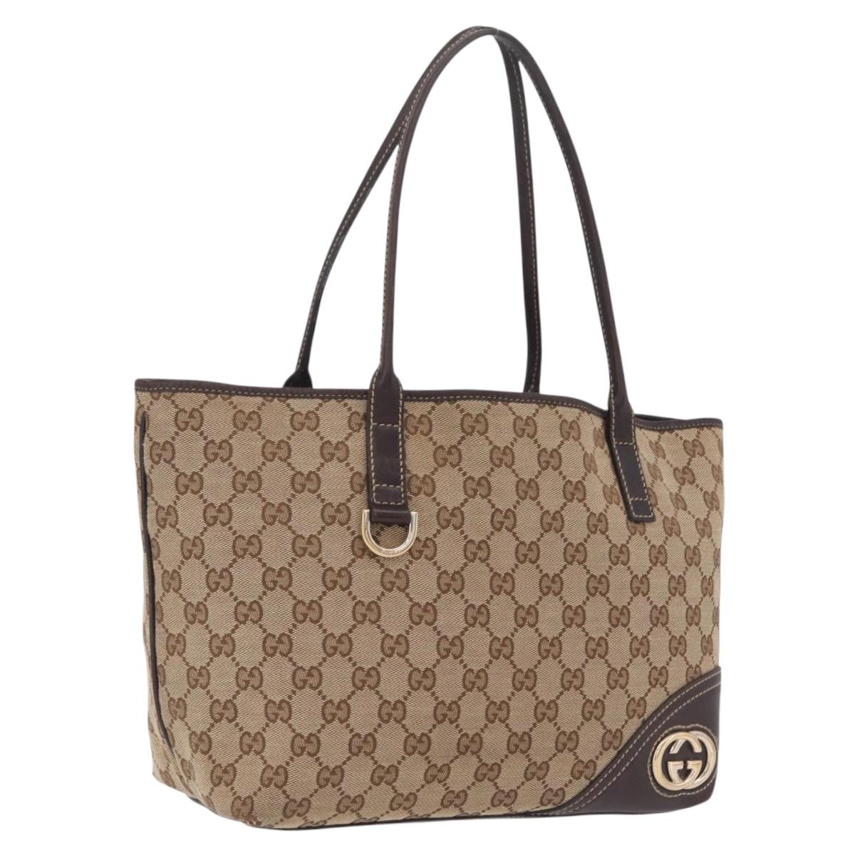 GUCCI GG Canvas Tote Bag Beige Gold Tone 169946 Auth ki6925