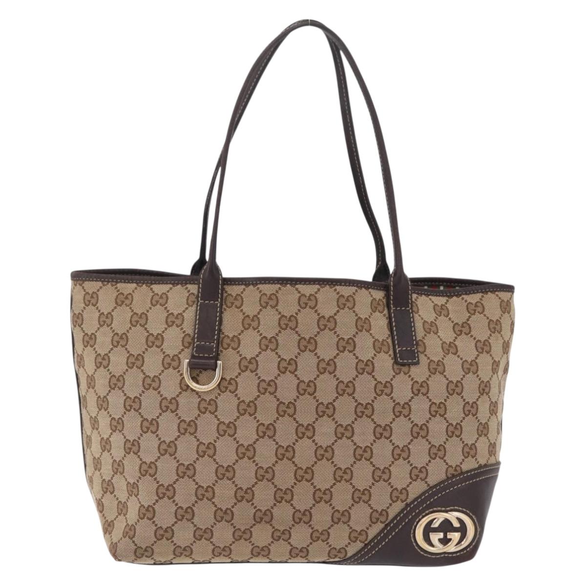 GUCCI GG Canvas Tote Bag Beige Gold Tone 169946 Auth ki6925