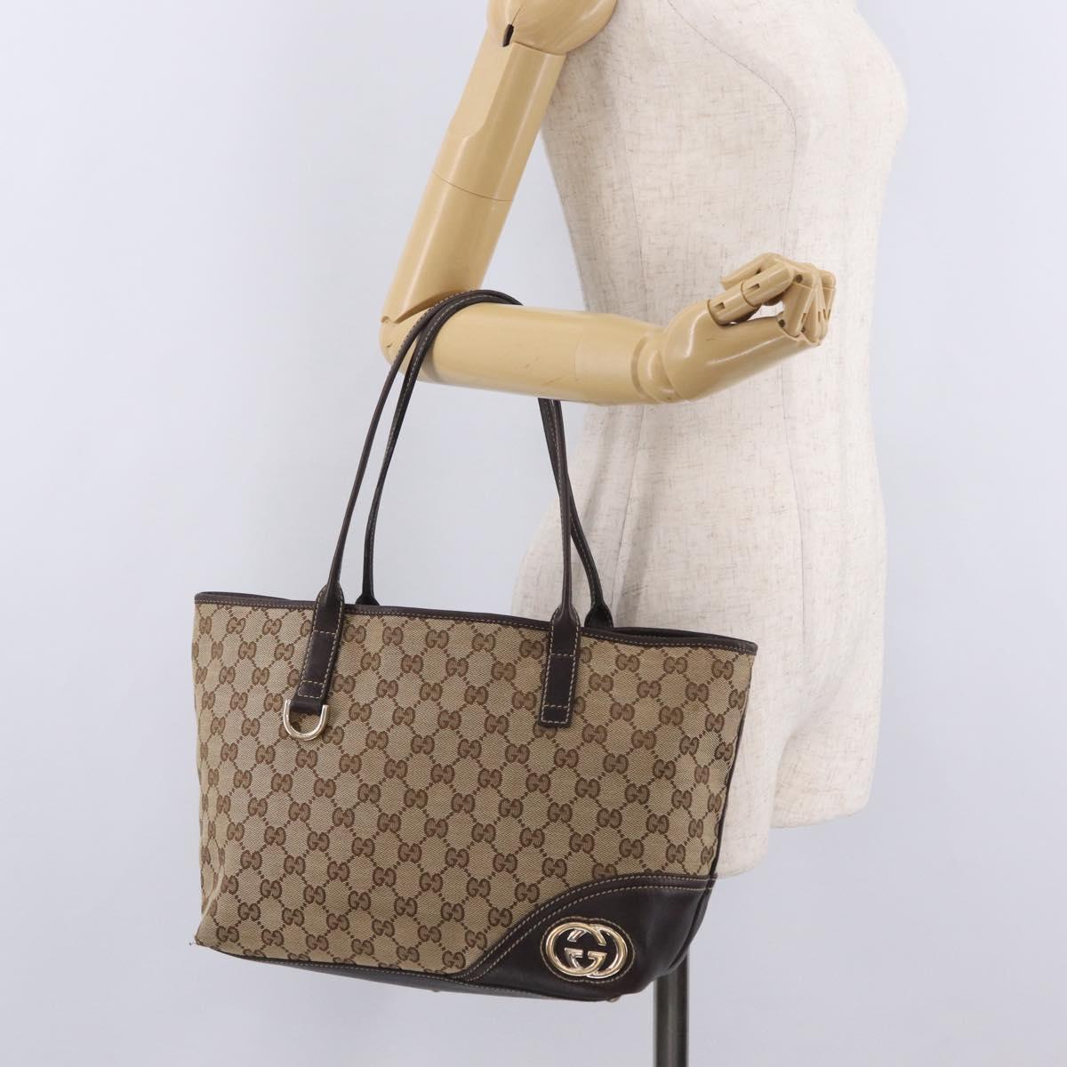 GUCCI GG Canvas Tote Bag Beige Gold Tone 169946 Auth ki6925