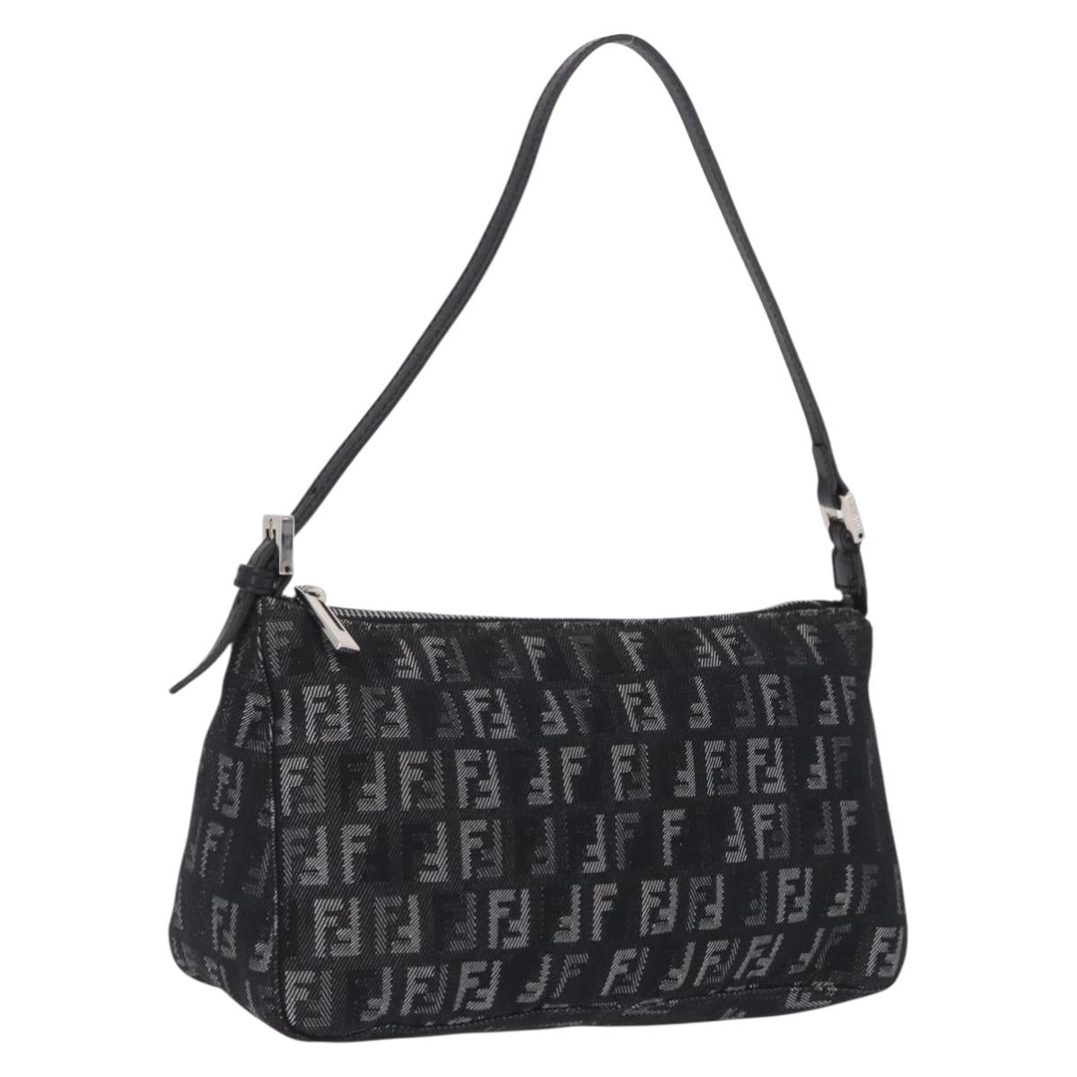 FENDI Zucchino Canvas Shoulder Bag Black Silver 8BR267 Auth ki6930V
