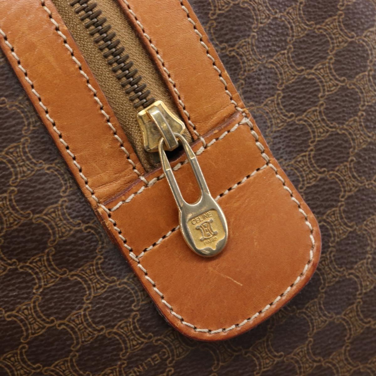 CELINE Macadam Boston Bag PVC Brown Gold Tone Auth ki6937