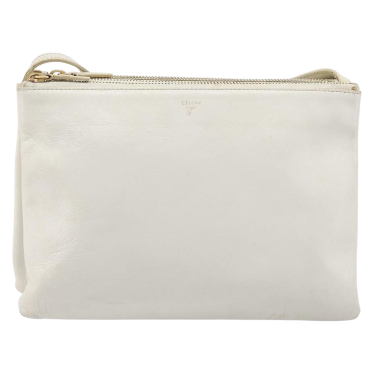 CELINE Trio Large Shoulder Bag Leather White Gold Tone Auth ki6945