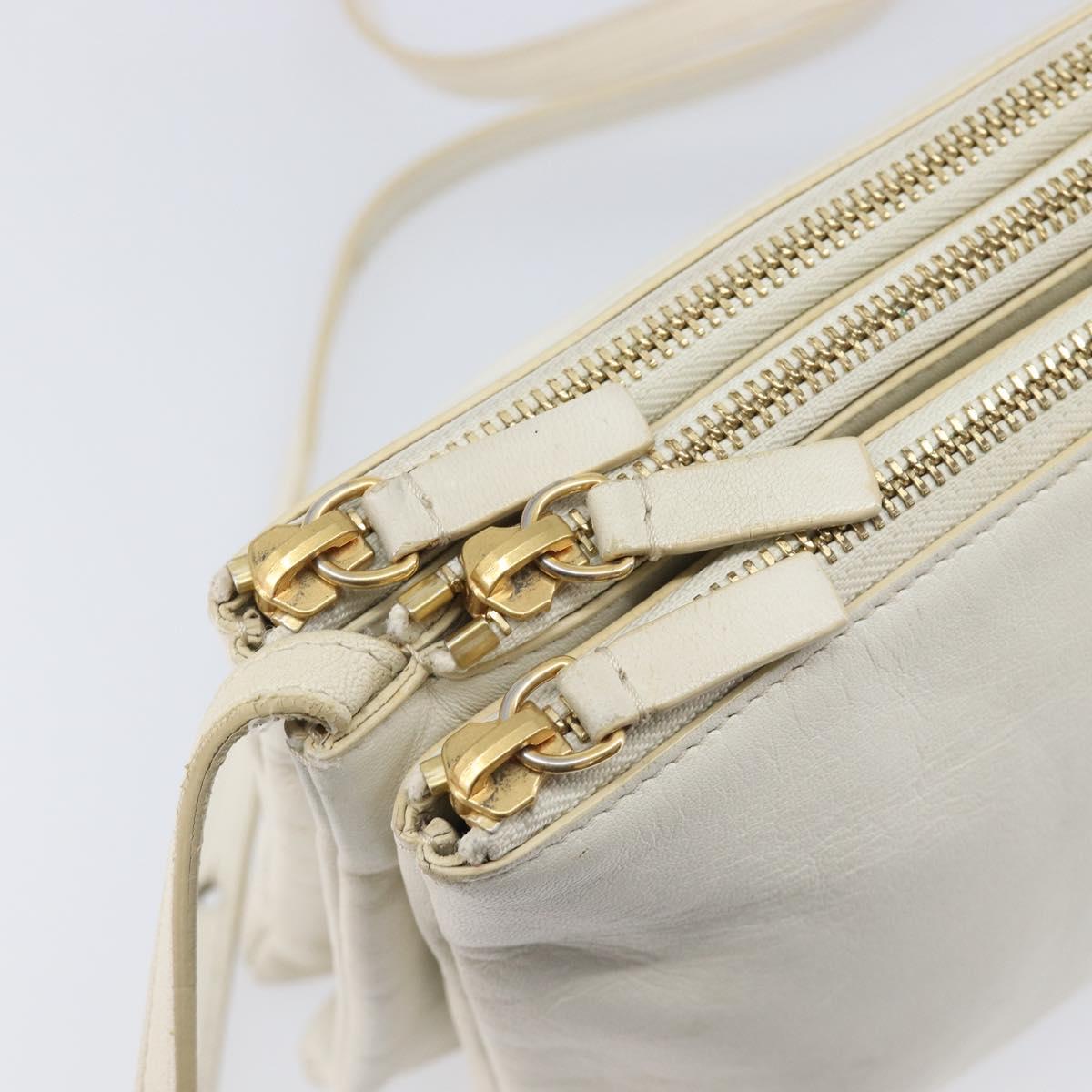 CELINE Trio Large Shoulder Bag Leather White Gold Tone Auth ki6945