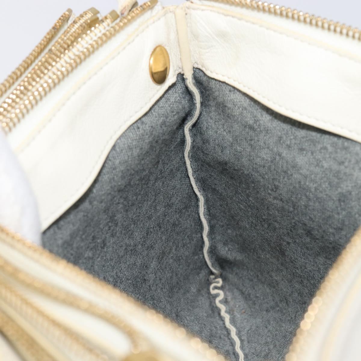 CELINE Trio Large Shoulder Bag Leather White Gold Tone Auth ki6945