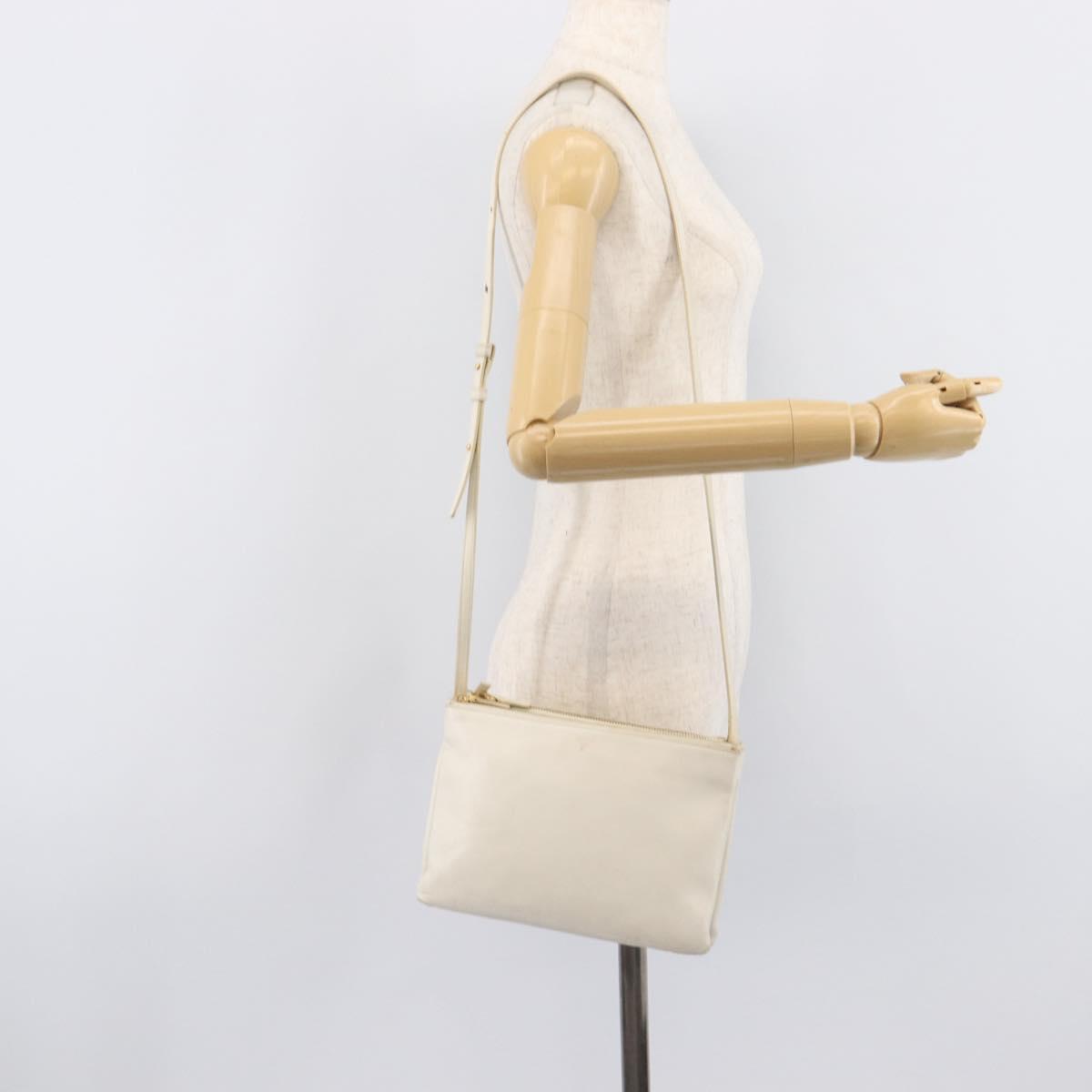CELINE Trio Large Shoulder Bag Leather White Gold Tone Auth ki6945
