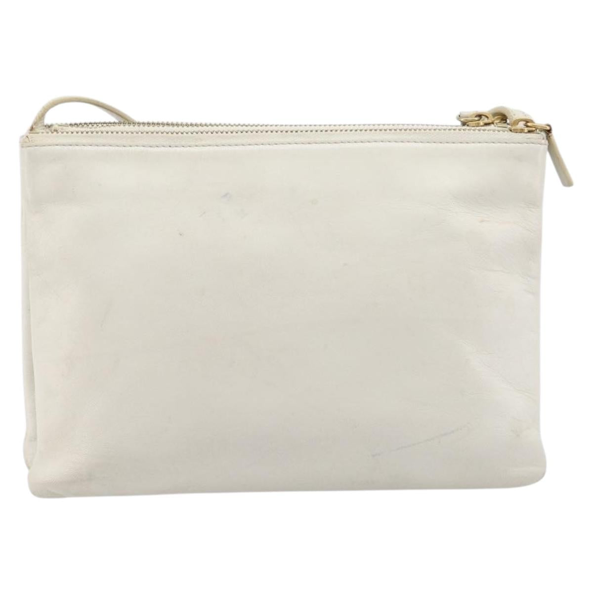 CELINE Trio Large Shoulder Bag Leather White Gold Tone Auth ki6945