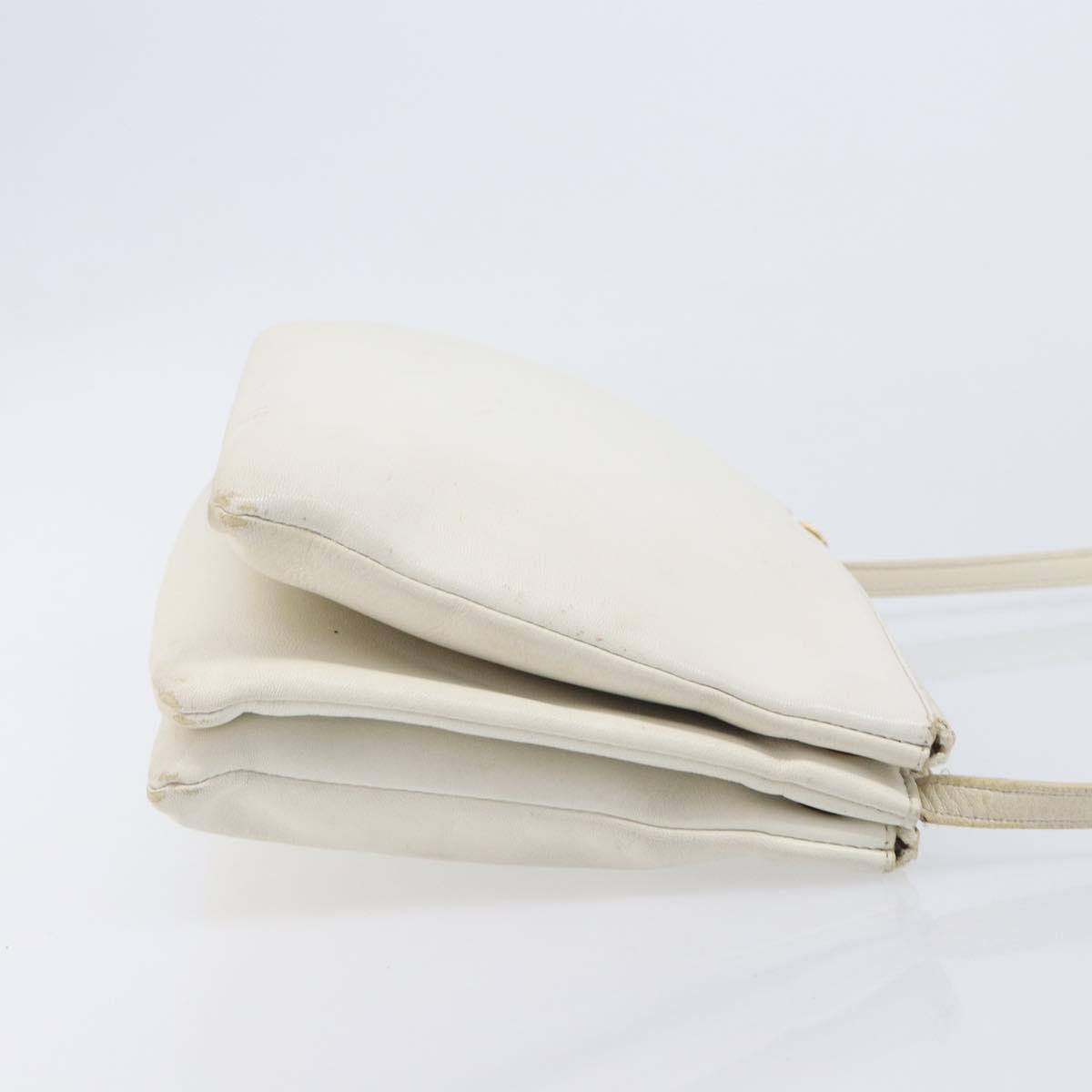 CELINE Trio Large Shoulder Bag Leather White Gold Tone Auth ki6945