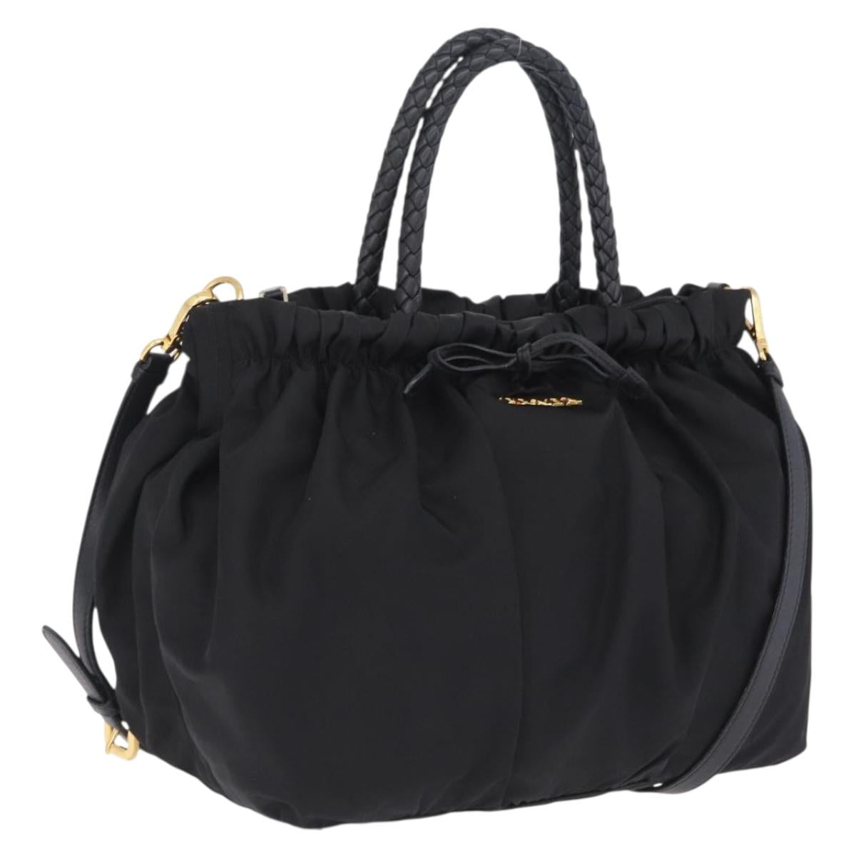 PRADA Tote Bag Nylon 2way Black Gold Tone Auth ki6955V