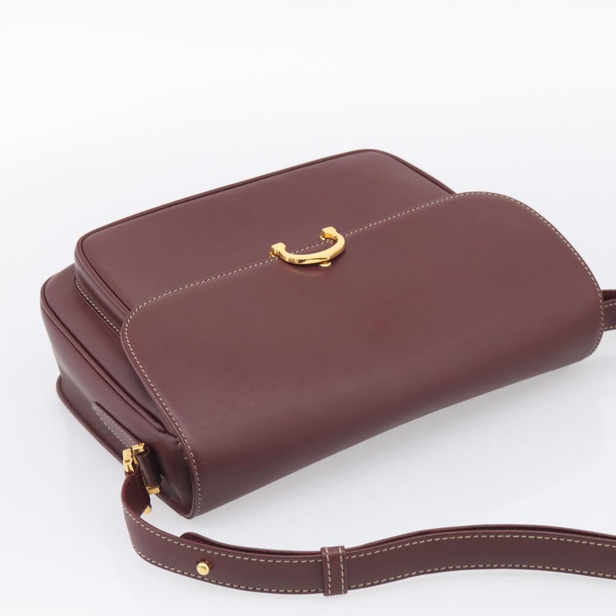 Cartier Shoulder Bag Leather Bordeaux Gold Auth ki6976V
