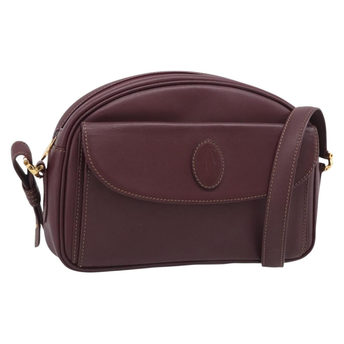 Cartier Shoulder Bag Leather Bordeaux Gold Auth ki6977