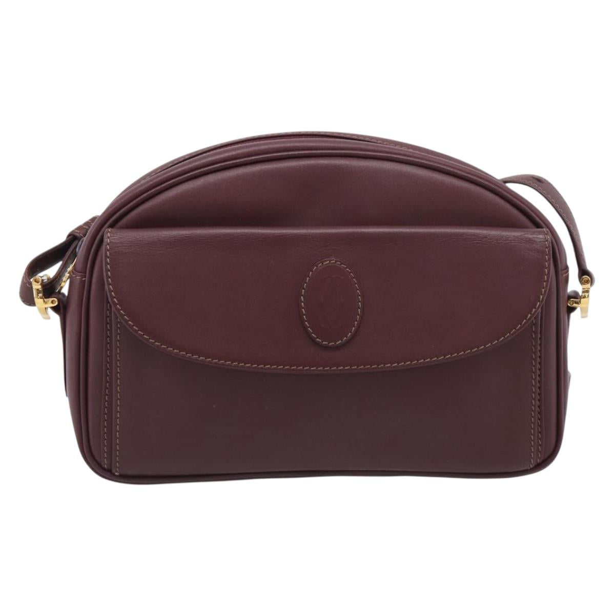 Cartier Shoulder Bag Leather Bordeaux Gold Auth ki6977