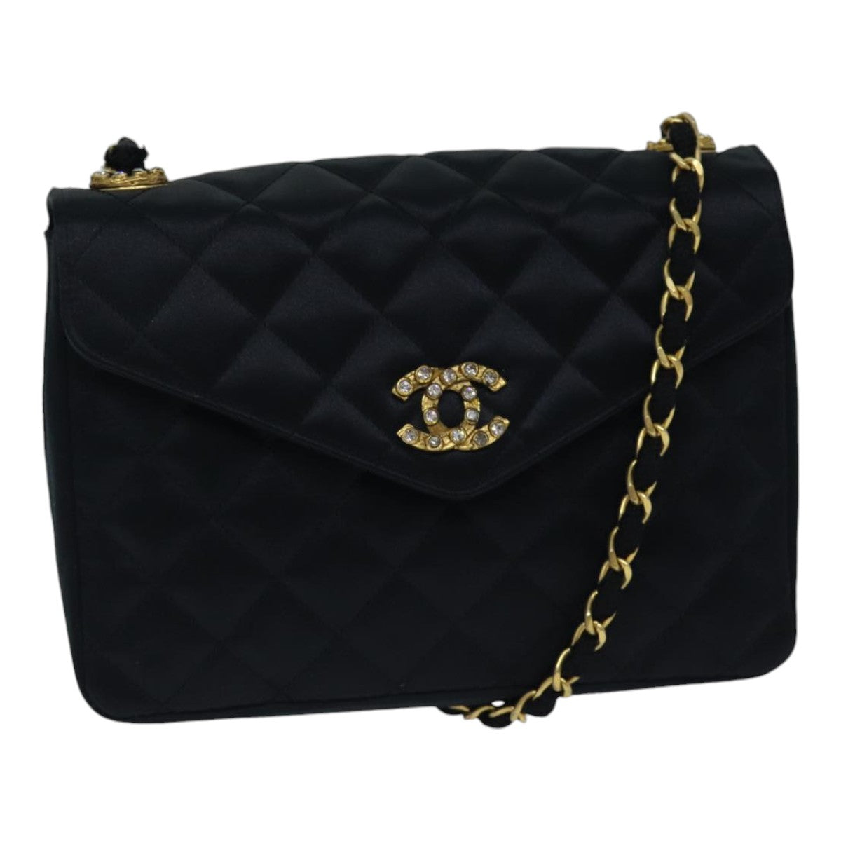 CHANEL Matelasse Stone Chain Shoulder Bag Satin Black CC Auth kk285V