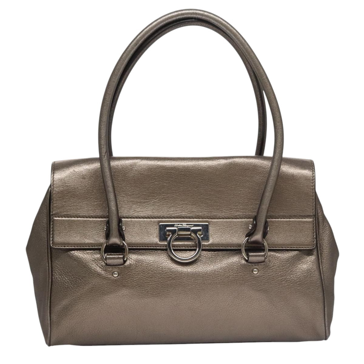 Salvatore Ferragamo Gancini Hand Bag Leather Silver Auth kk412