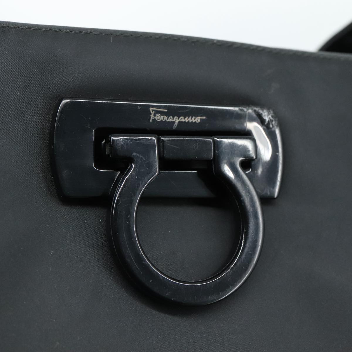 Salvatore Ferragamo Gancini Tote Bag PVC Canvas Black Auth kk413