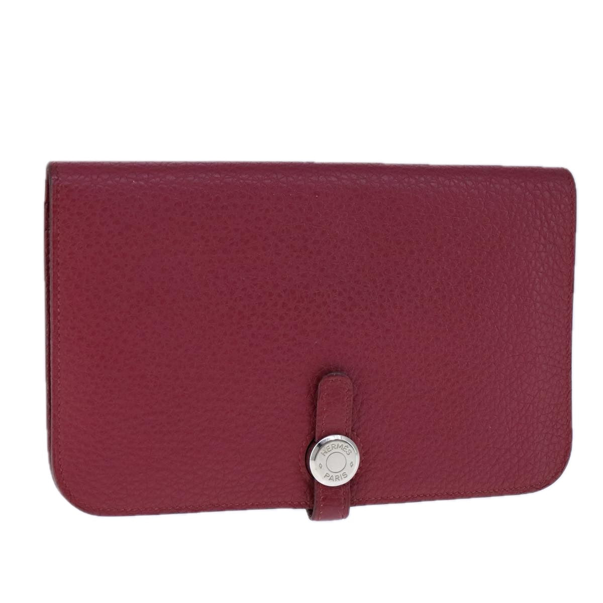 HERMES Dogon GM Wallet Leather Red Silver Auth kk428