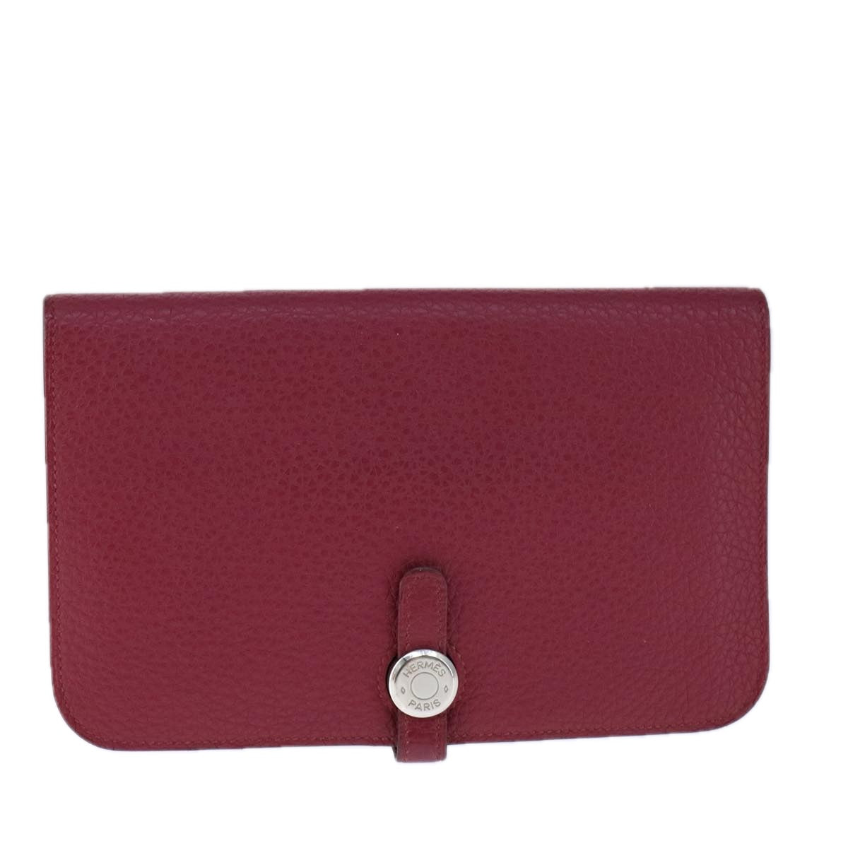 HERMES Dogon GM Wallet Leather Red Silver Auth kk428