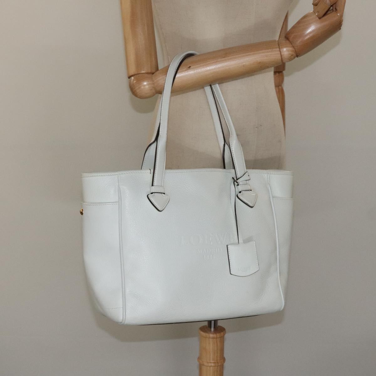 LOEWE Heritage Tote Bag Leather White Gold Auth kk436