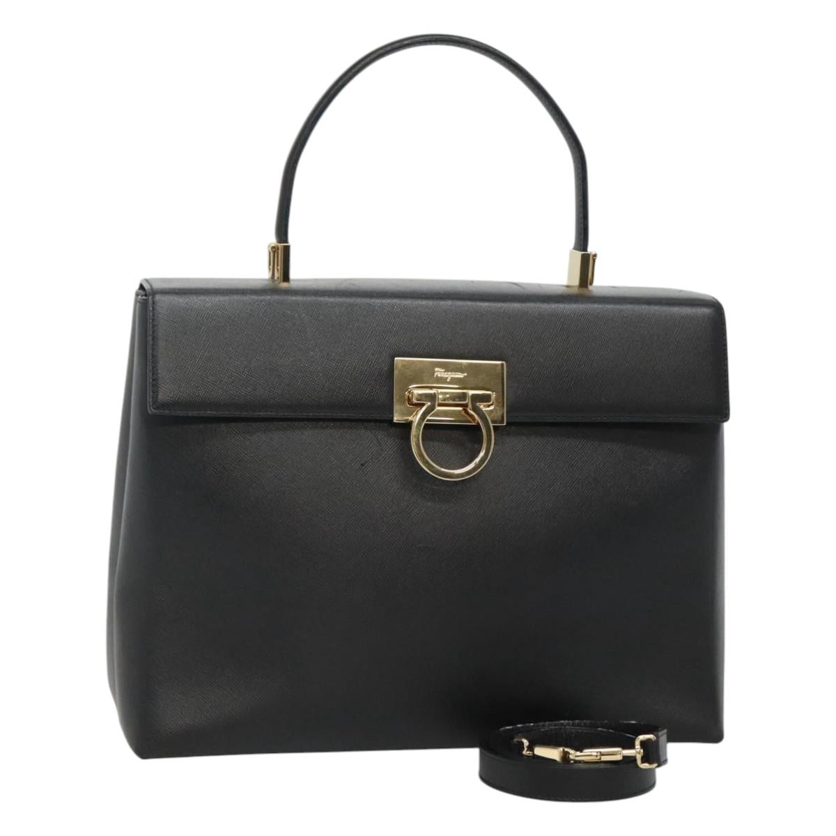 Salvatore Ferragamo Gancini Hand Bag Leather 2way Black Gold Auth kk442