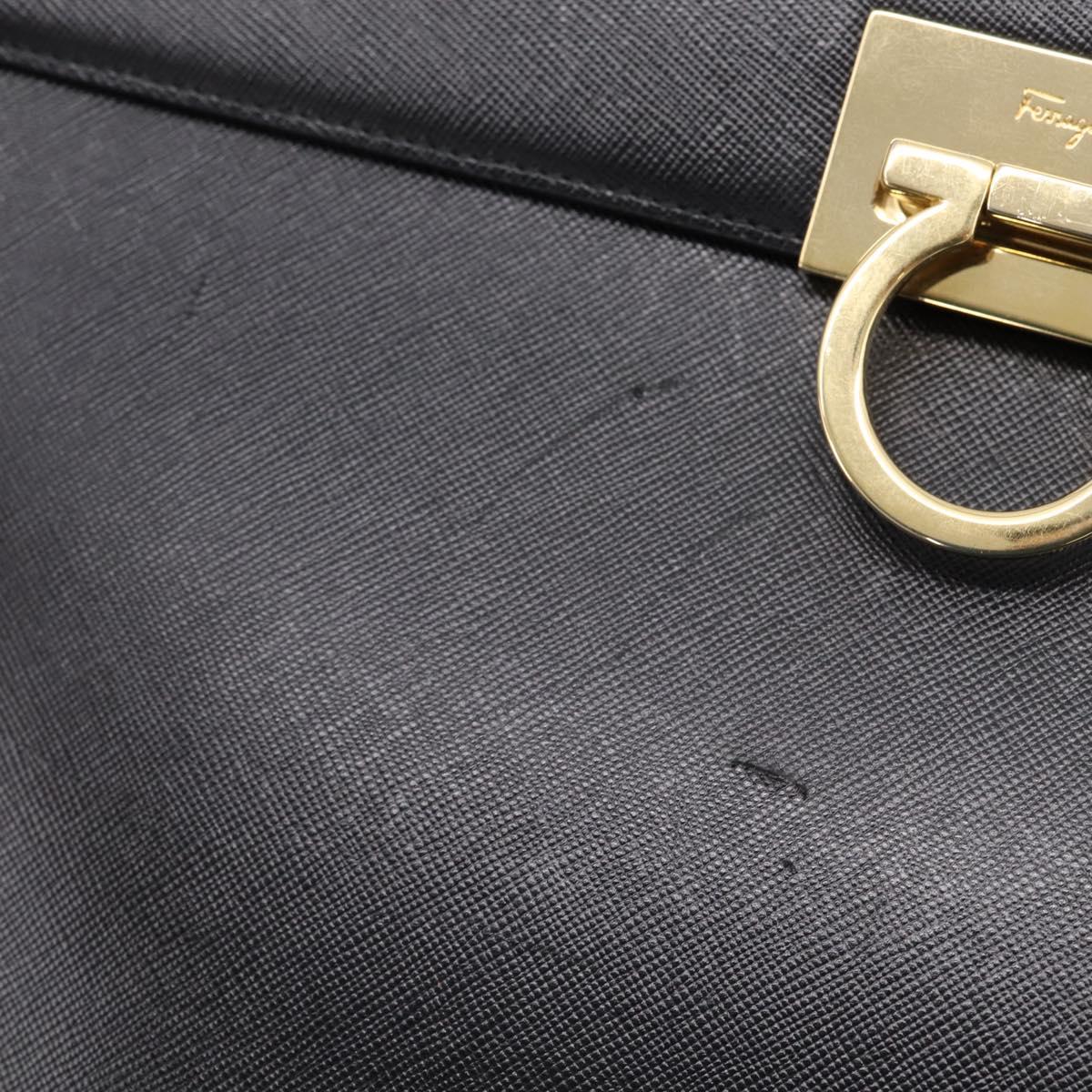 Salvatore Ferragamo Gancini Hand Bag Leather 2way Black Gold Auth kk442