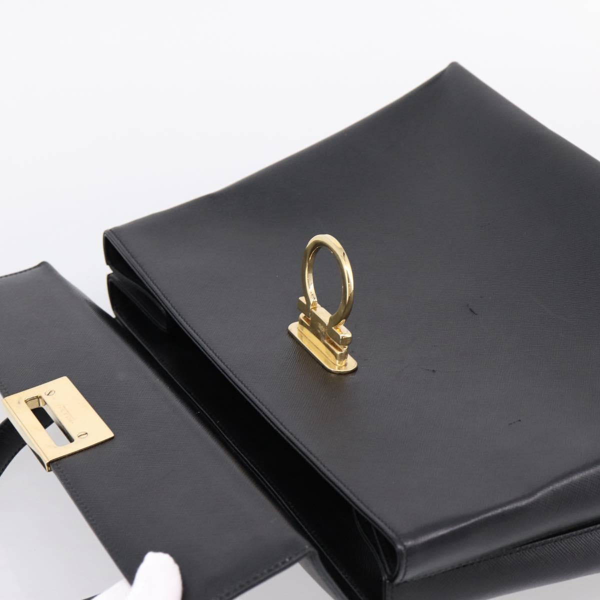 Salvatore Ferragamo Gancini Hand Bag Leather 2way Black Gold Auth kk442
