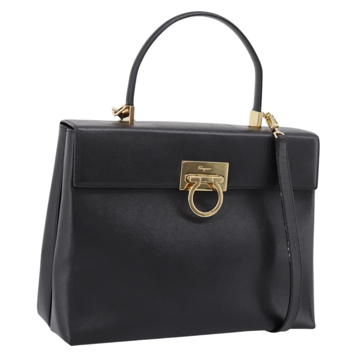 Salvatore Ferragamo Gancini Hand Bag Leather 2way Black Gold Auth kk442