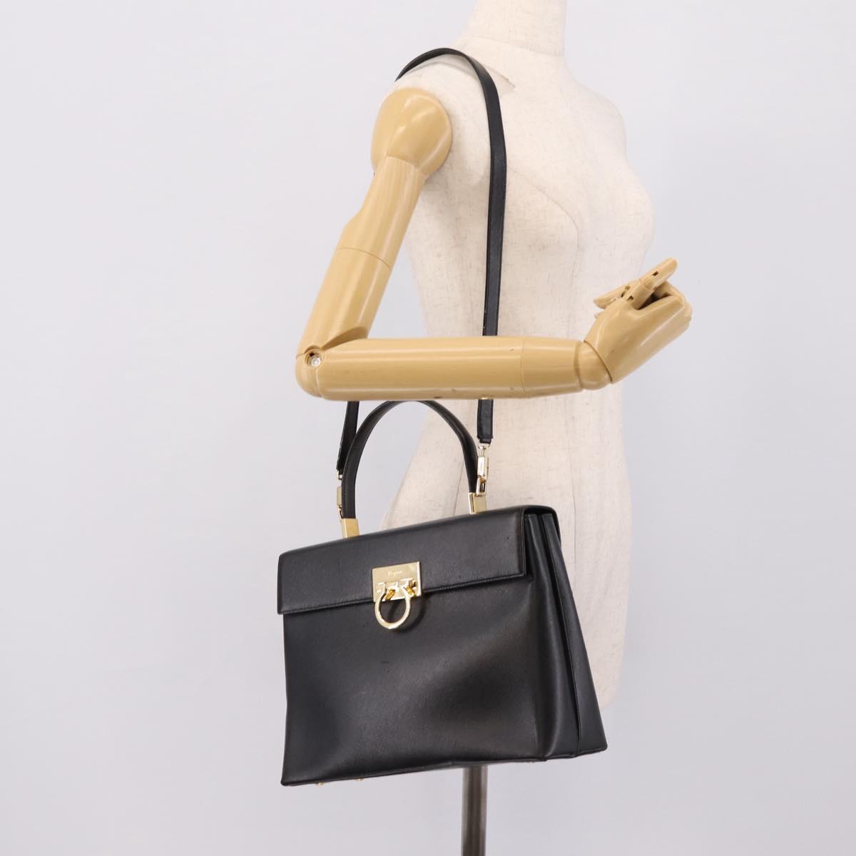 Salvatore Ferragamo Gancini Hand Bag Leather 2way Black Gold Auth kk442