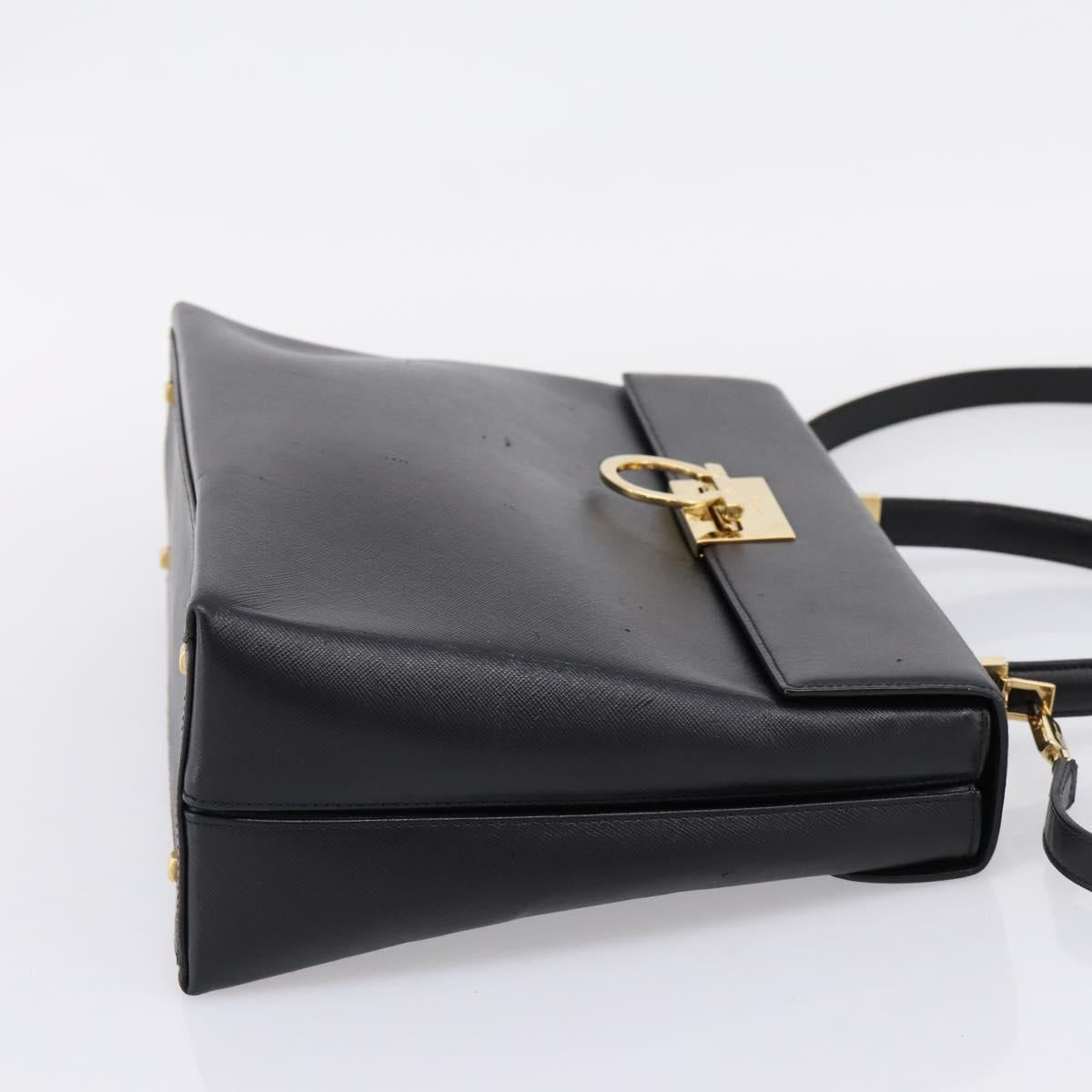 Salvatore Ferragamo Gancini Hand Bag Leather 2way Black Gold Auth kk442