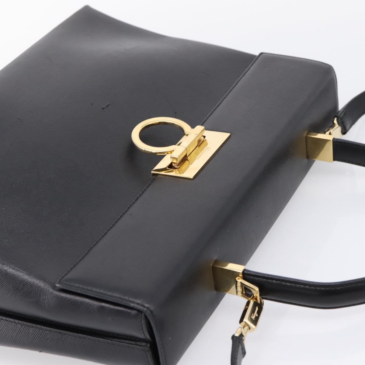 Salvatore Ferragamo Gancini Hand Bag Leather 2way Black Gold Auth kk442