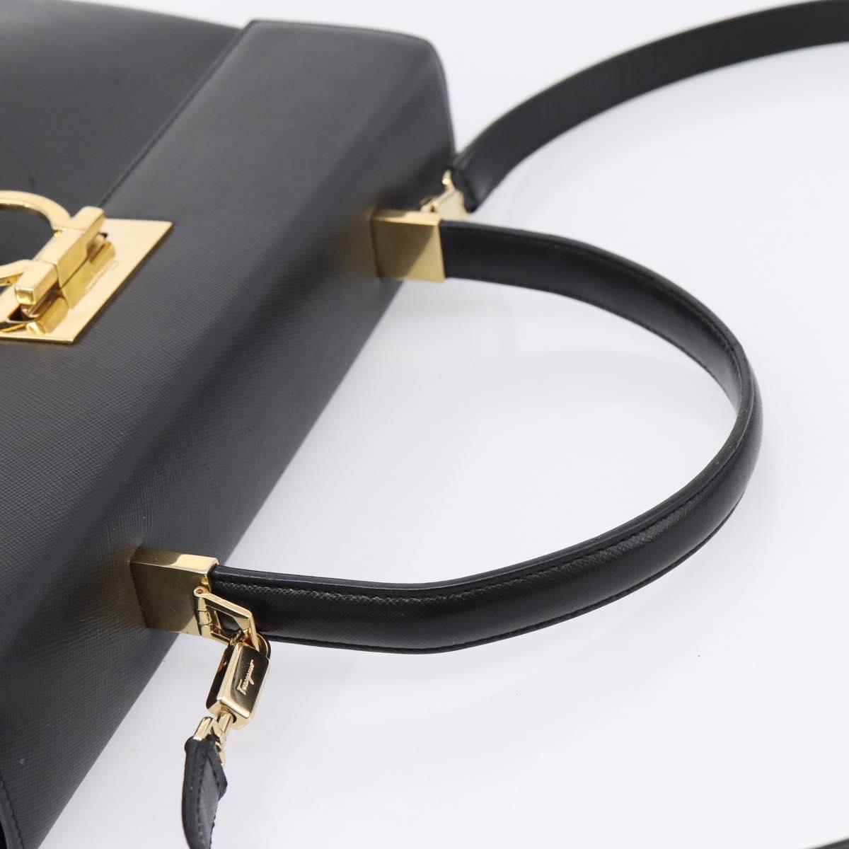 Salvatore Ferragamo Gancini Hand Bag Leather 2way Black Gold Auth kk442