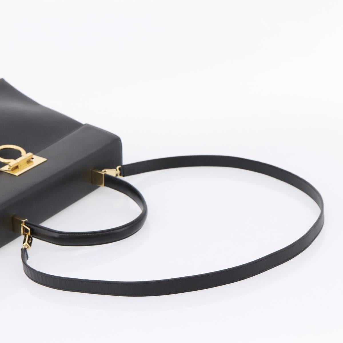 Salvatore Ferragamo Gancini Hand Bag Leather 2way Black Gold Auth kk442