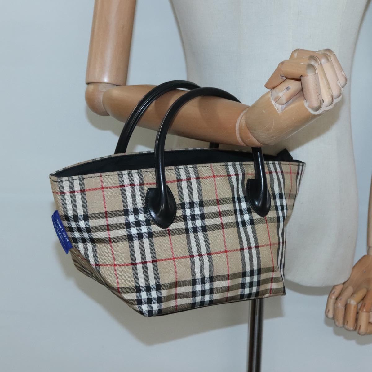 BURBERRY Nova Check Blue Label Hand Bag Nylon Beige Silver Auth kk458