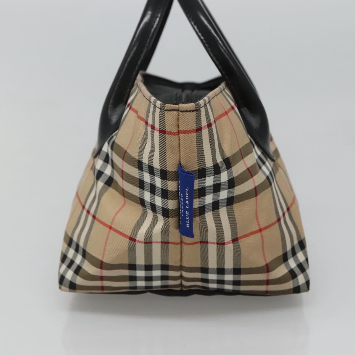 BURBERRY Nova Check Blue Label Hand Bag Nylon Beige Silver Auth kk458