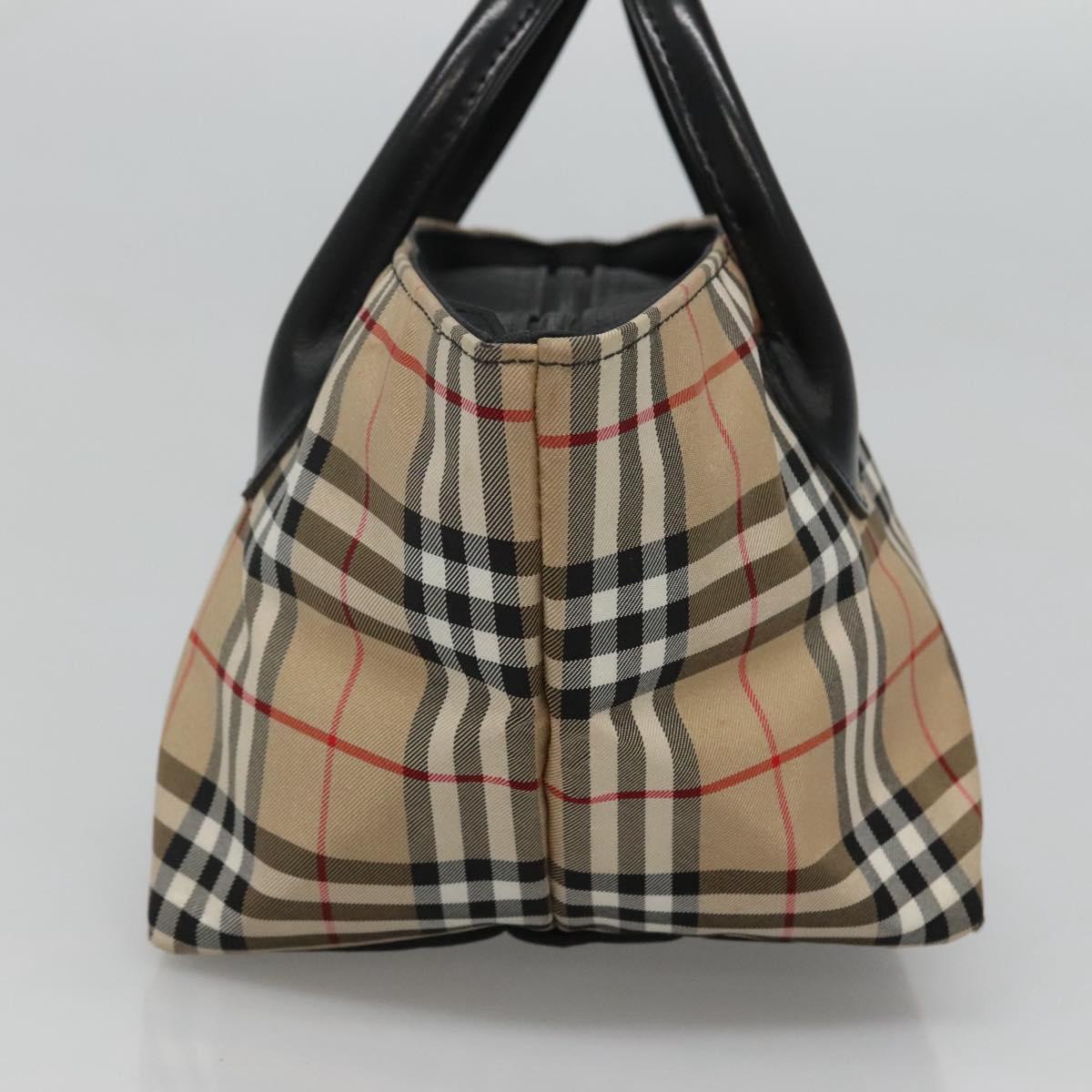 BURBERRY Nova Check Blue Label Hand Bag Nylon Beige Silver Auth kk458