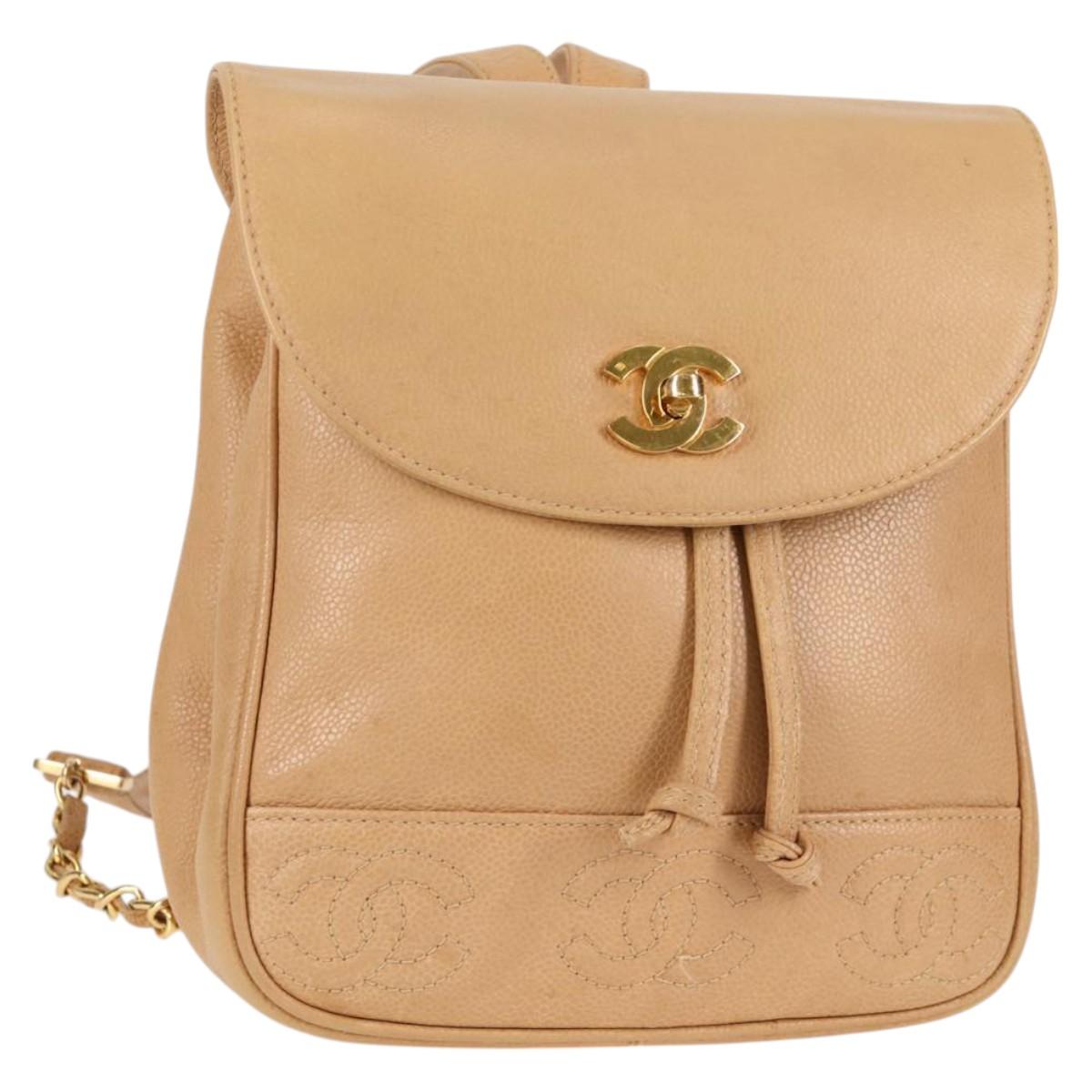 CHANEL Backpack Calf Skin Beige Gold CC Auth kk466A