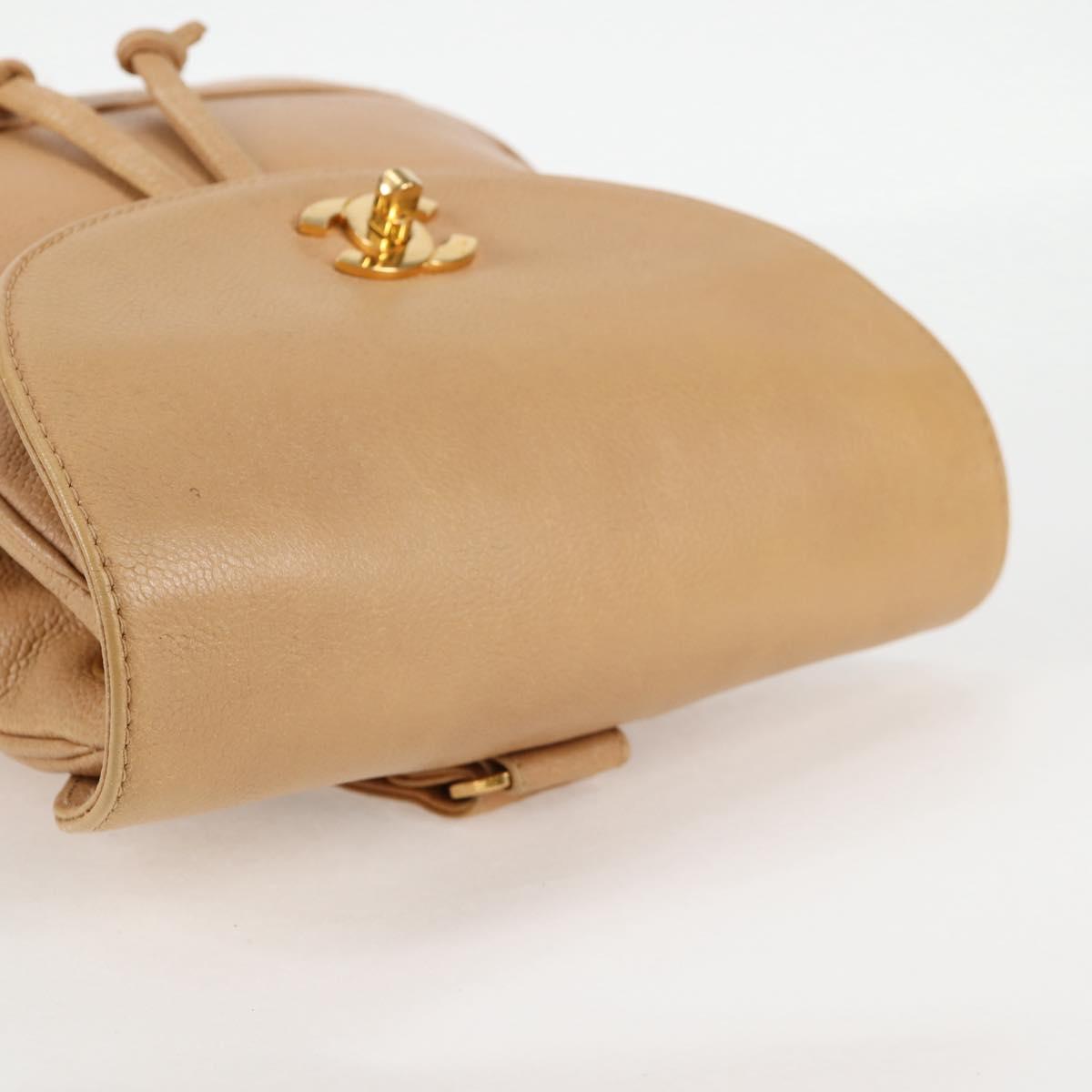 CHANEL Backpack Calf Skin Beige Gold CC Auth kk466A