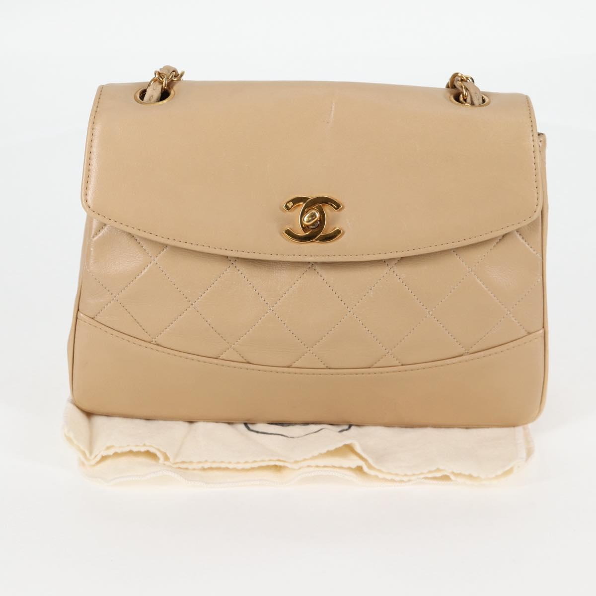 CHANEL Matelasse Chain Shoulder Bag Lamb Skin Beige Gold CC Auth kk467A