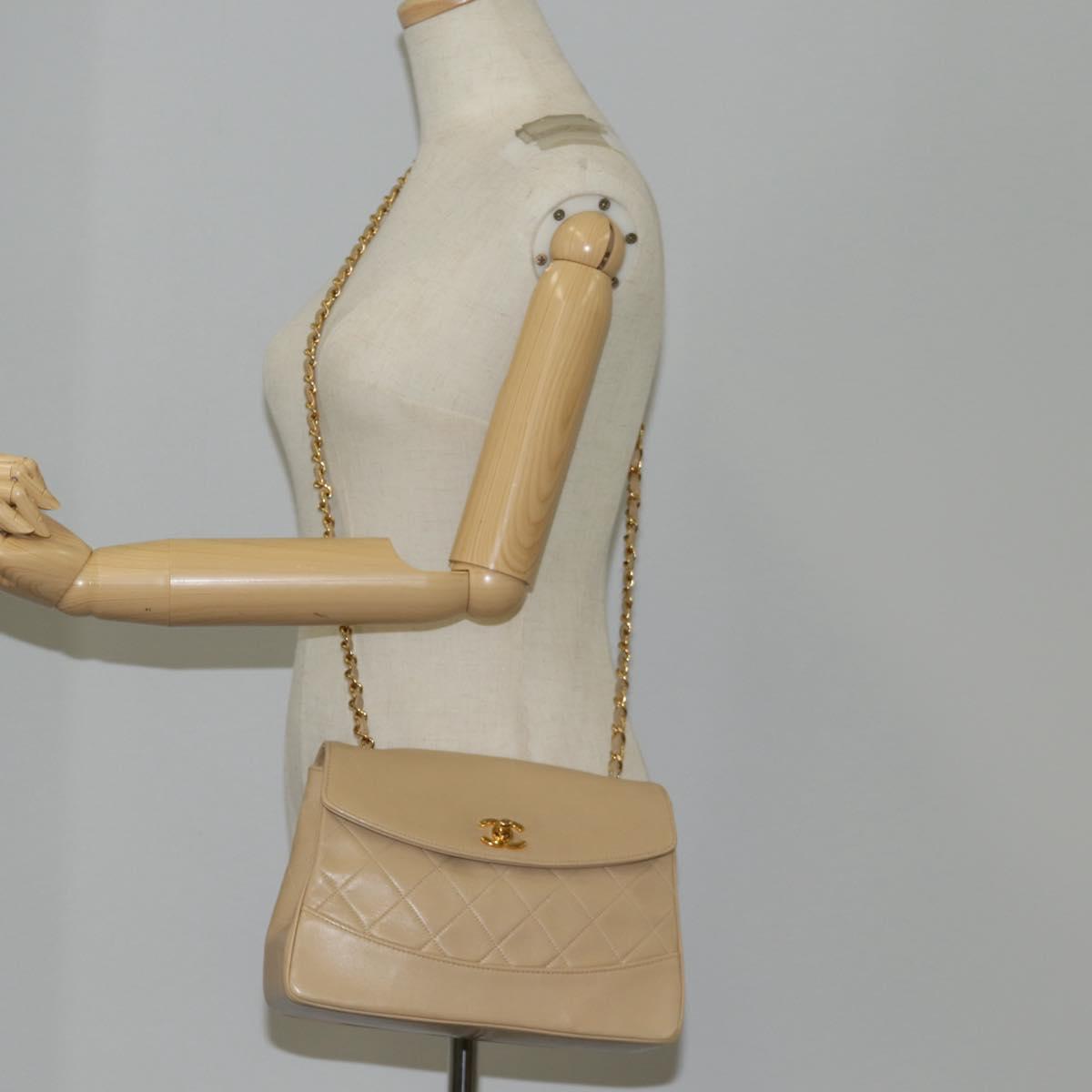 CHANEL Matelasse Chain Shoulder Bag Lamb Skin Beige Gold CC Auth kk467V