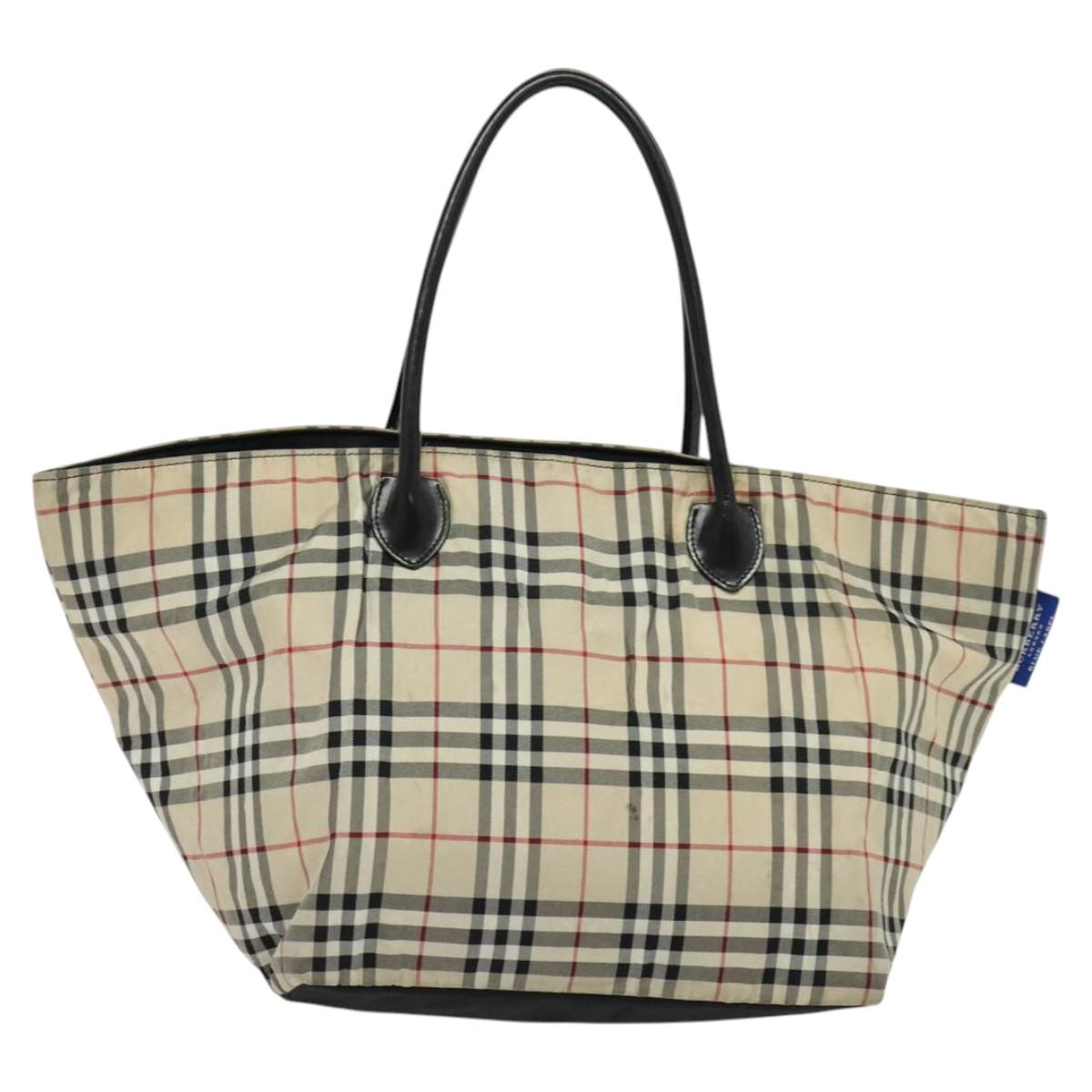 BURBERRY Nova Check Blue Label Tote Bag Nylon Beige Silver Auth kk468