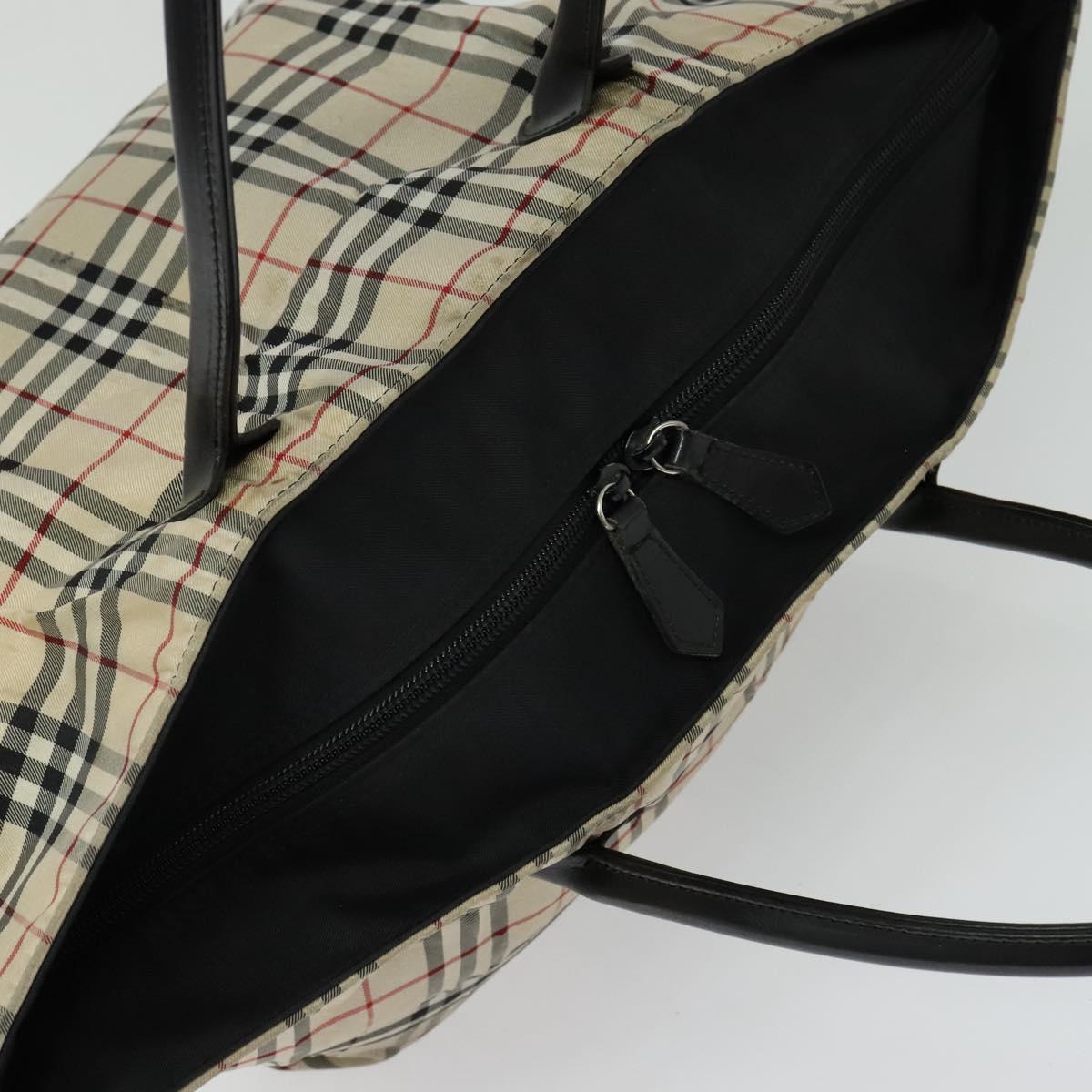 BURBERRY Nova Check Blue Label Tote Bag Nylon Beige Silver Auth kk468