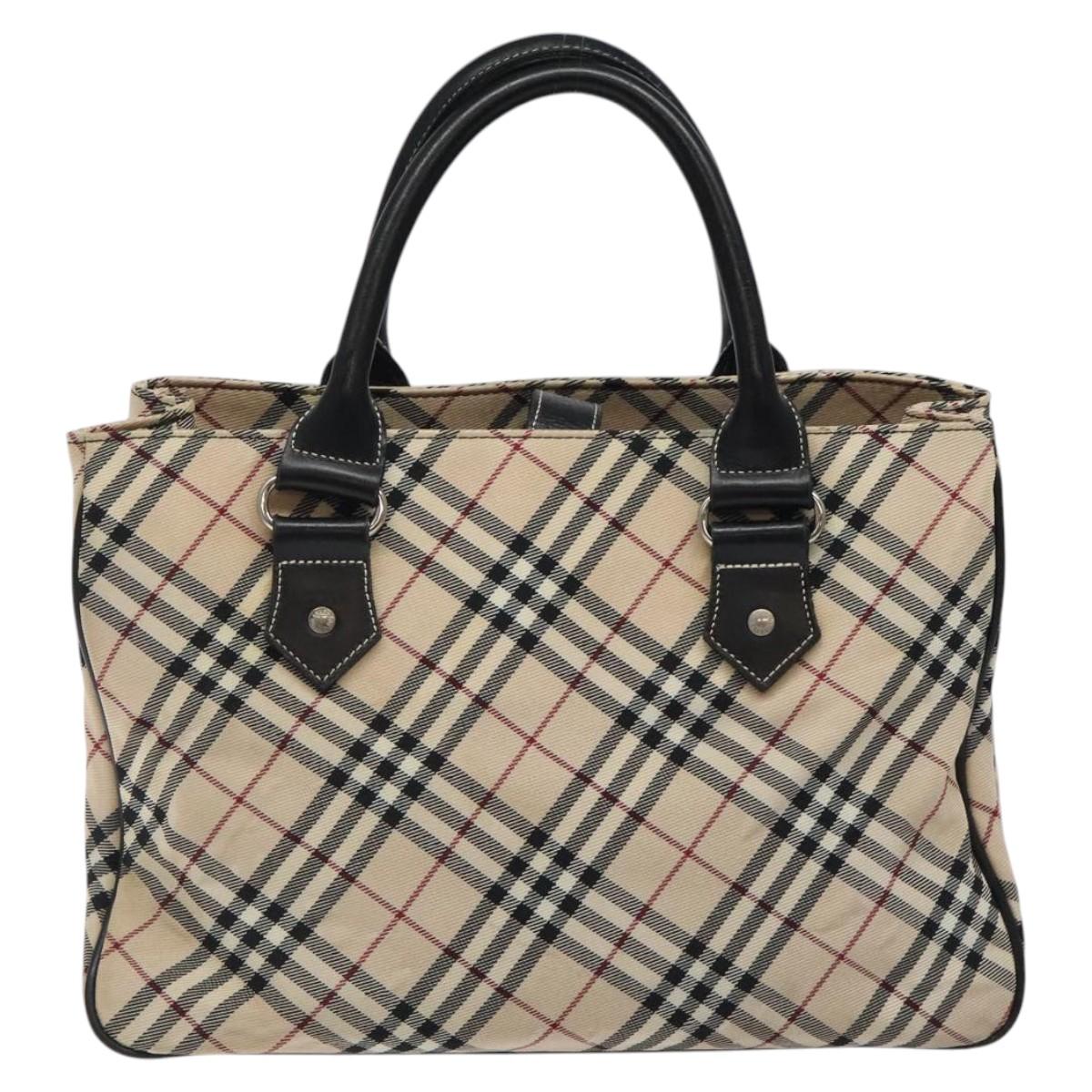 BURBERRY Nova Check Blue Label Hand Bag Nylon Beige Silver Auth kk474