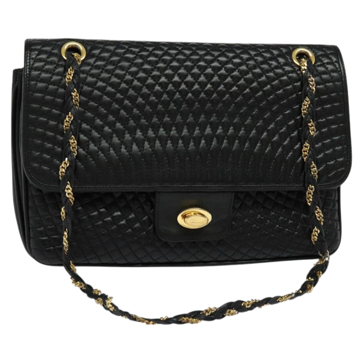 BALLY Quilted Chain Shoulder Bag Leather Black Gold Auth kk478