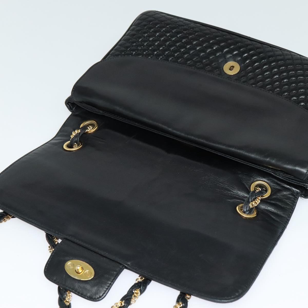 BALLY Quilted Chain Shoulder Bag Leather Black Gold Auth kk478