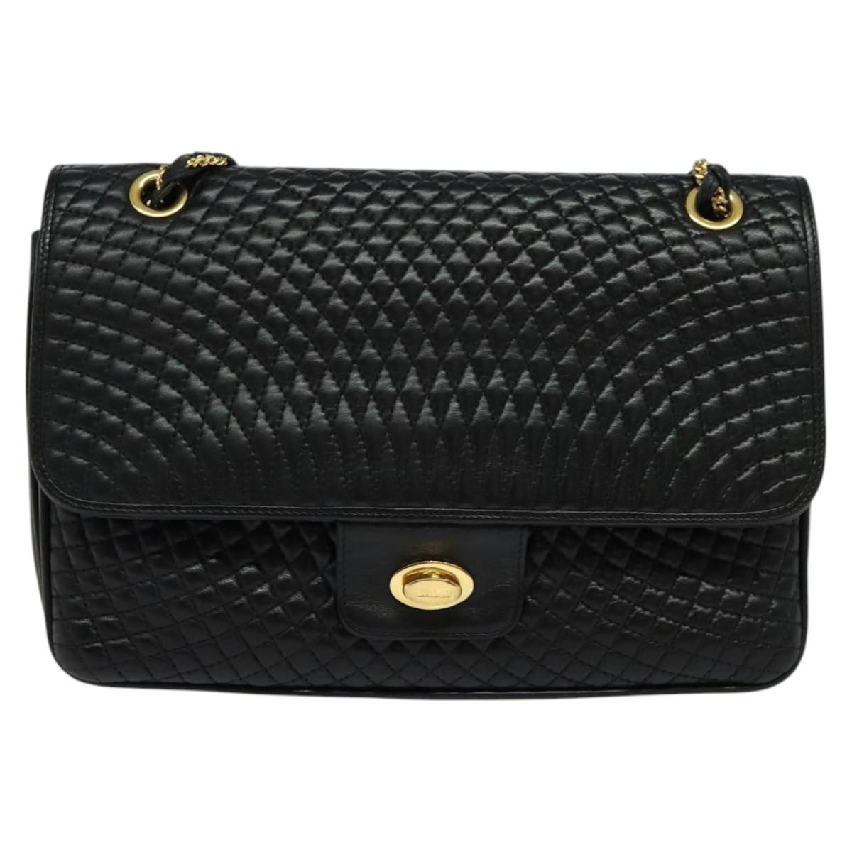 BALLY Quilted Chain Shoulder Bag Leather Black Gold Auth kk478