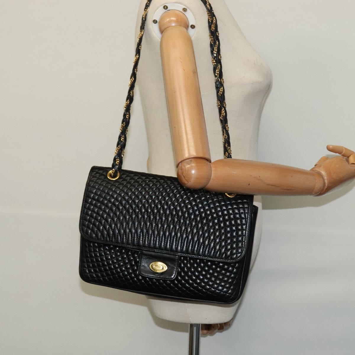 BALLY Quilted Chain Shoulder Bag Leather Black Gold Auth kk478