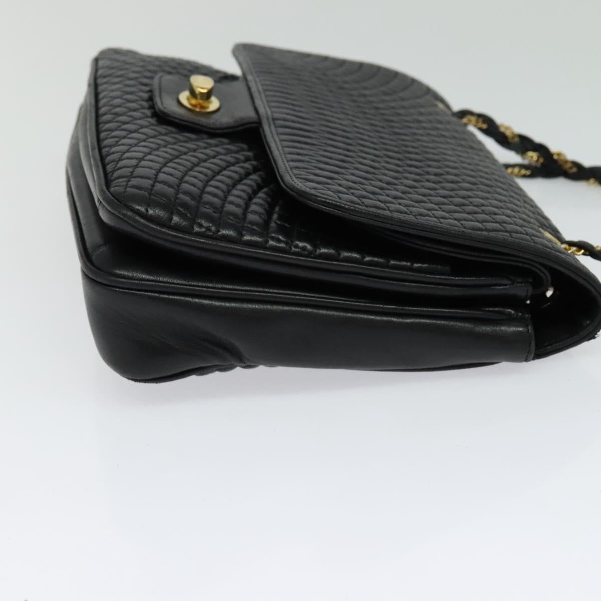 BALLY Quilted Chain Shoulder Bag Leather Black Gold Auth kk478