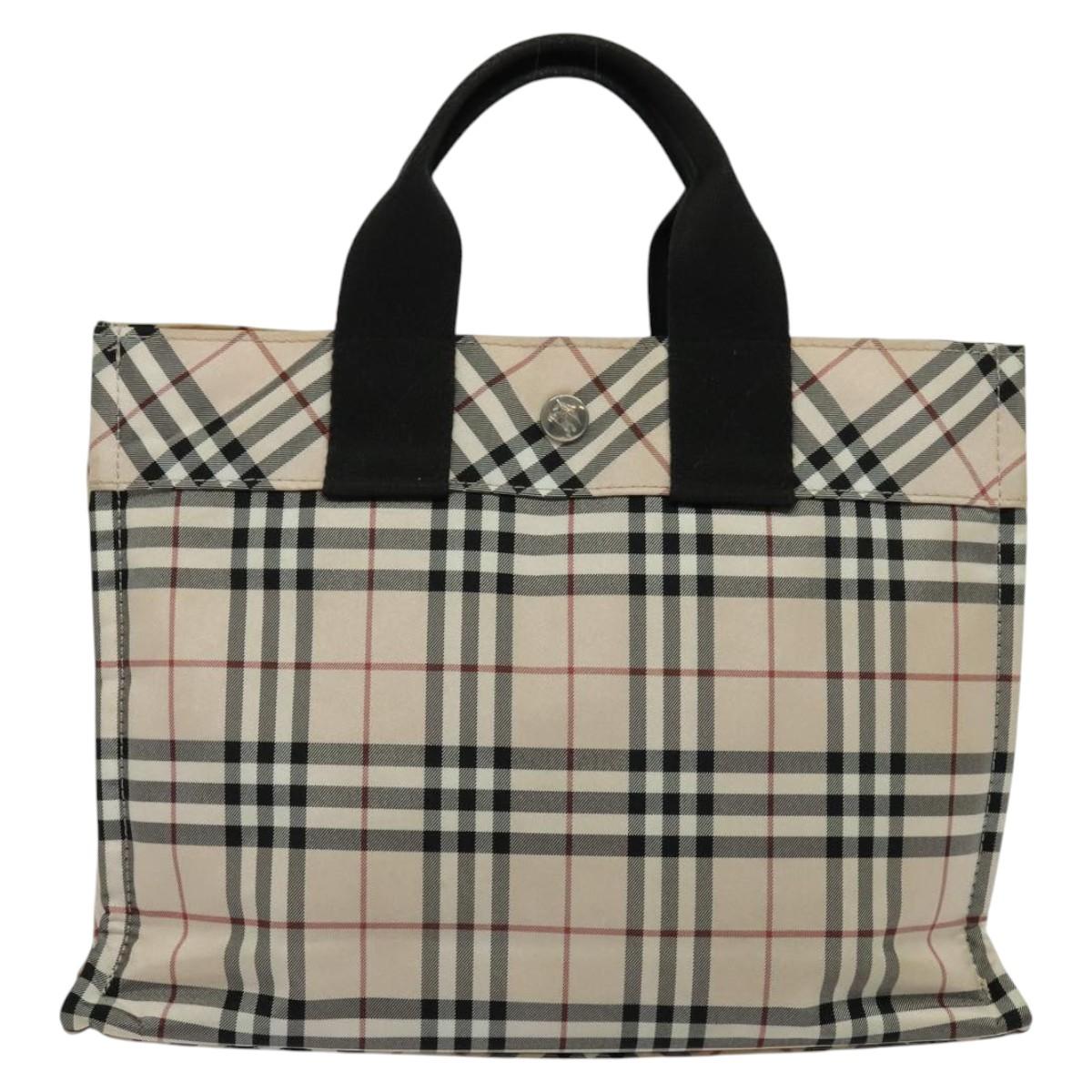 BURBERRY Nova Check Blue Label Hand Bag Nylon Beige Silver Auth kk482