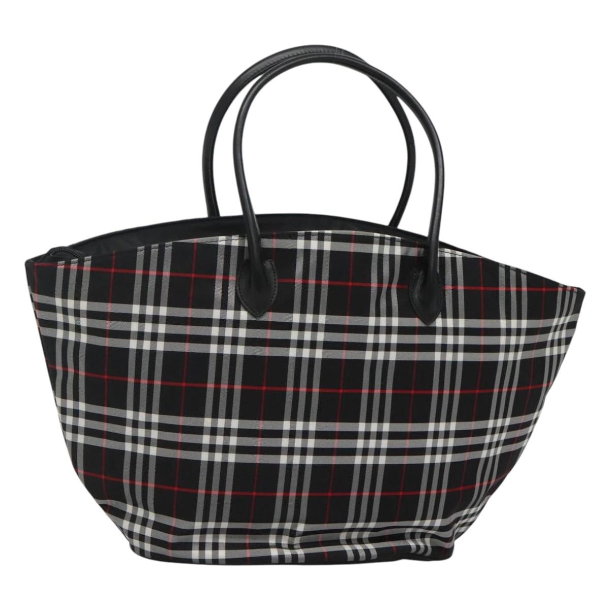 Burberrys Nova Check Blue Label Tote Bag Nylon Black Silver Auth kk486