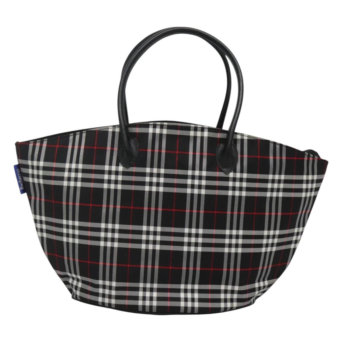 Burberrys Nova Check Blue Label Tote Bag Nylon Black Silver Auth kk486