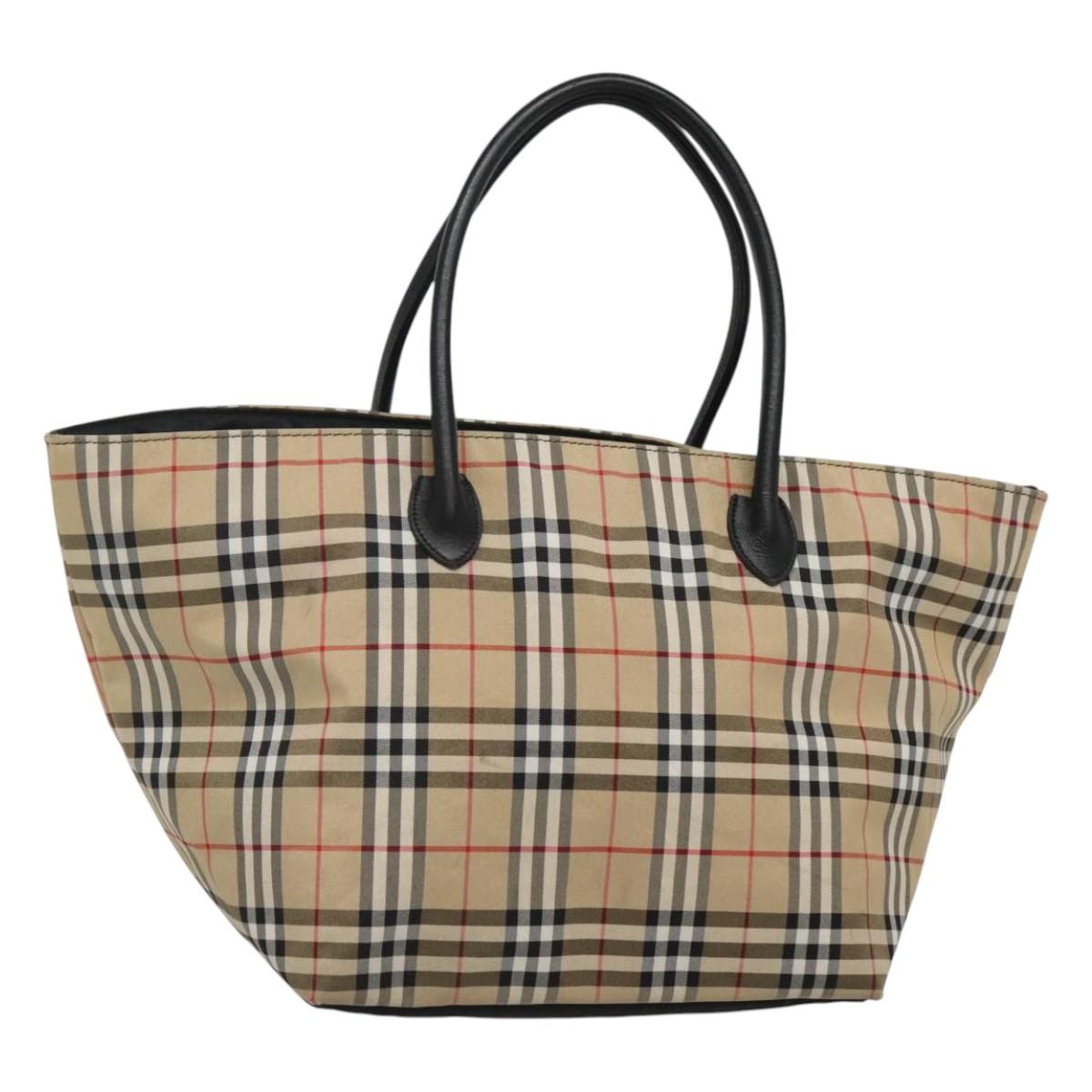 Burberrys Nova Check Blue Label Tote Bag Nylon Beige Silver Auth kk487